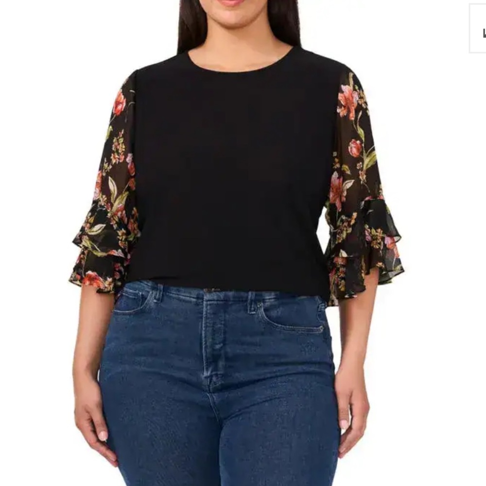 CeCe Black Blouse with Floral Sleeves
